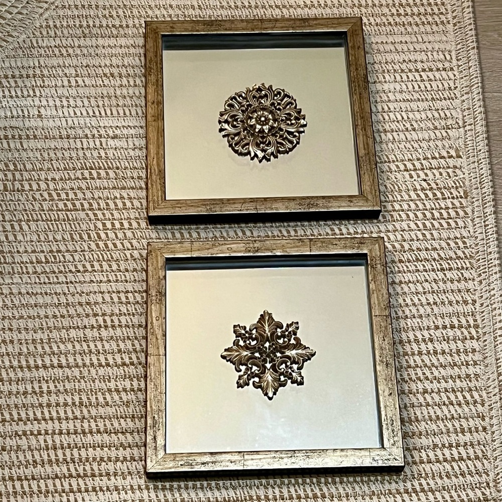 Medallion Mirrored Art Framed Wall Decor - Set of 2 in Antique Bronze